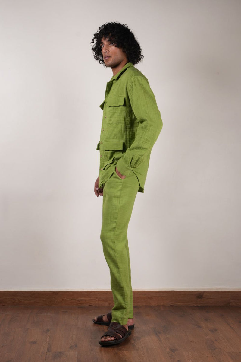 Men's Green Crush Cotton Pocket Shirt & Pant Set (2 PCS) 100% cotton by Mati Men in green color for men in Singapore