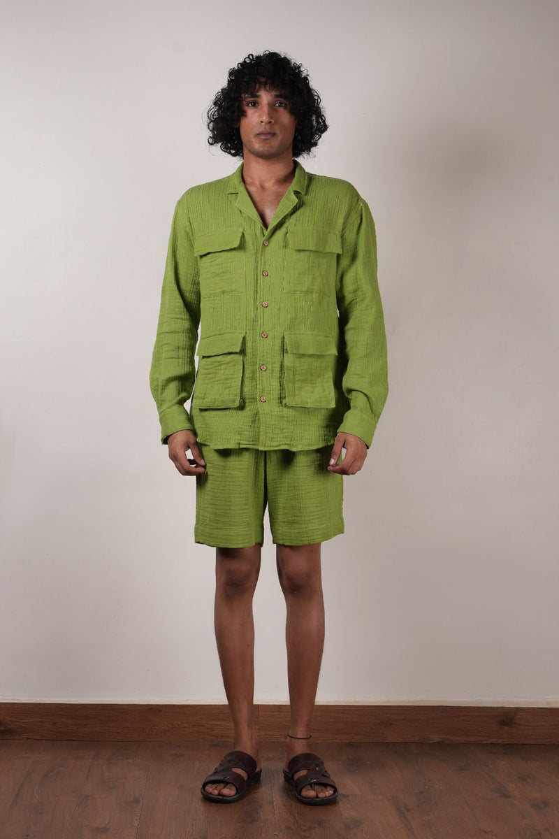 Men's Green Crush Cotton Pocket Shirt & Shorts Set (2 Pcs) 100% cotton by Mati Men in green color for men in Singapore