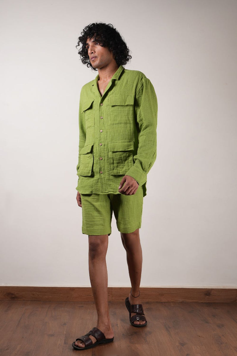 Men's Green Crush Cotton Pocket Shirt & Shorts Set (2 Pcs) 100% cotton by Mati Men in green color for men in Singapore