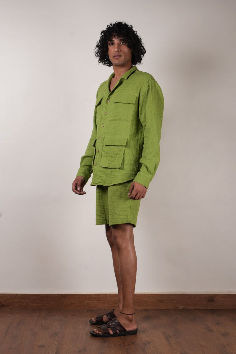 Men's Green Crush Cotton Pocket Shirt & Shorts Set (2 Pcs) 100% cotton by Mati Men in green color for men in Singapore