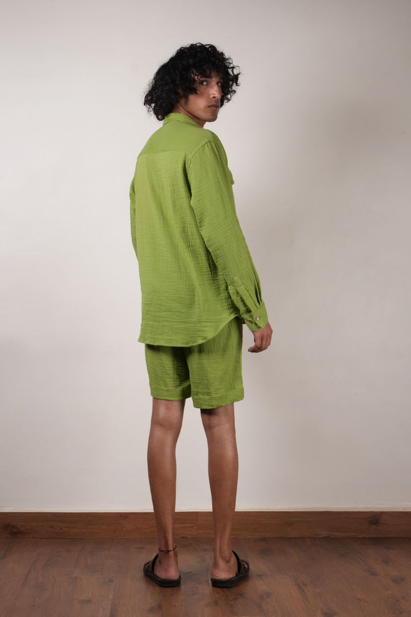 Men's Green Crush Cotton Pocket Shirt & Shorts Set (2 Pcs) 100% cotton by Mati Men in green color for men in Singapore
