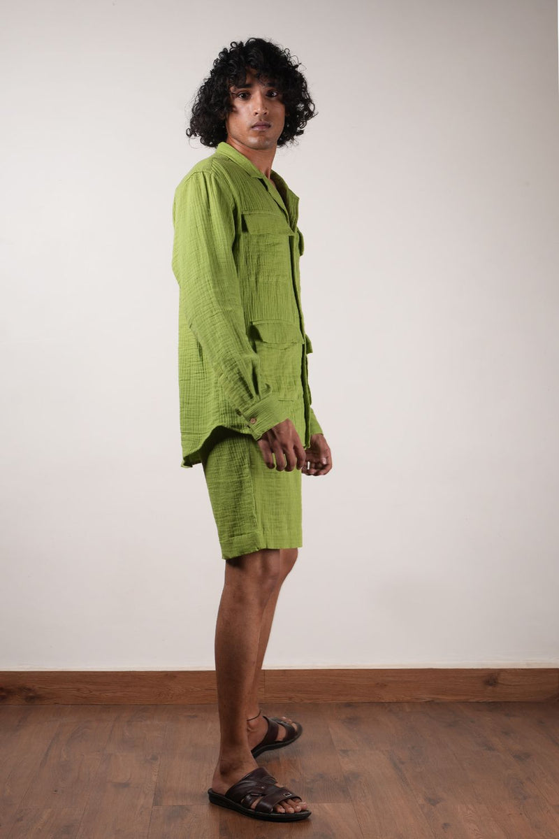 Men's Green Crush Cotton Pocket Shirt & Shorts Set (2 Pcs) 100% cotton by Mati Men in green color for men in Singapore