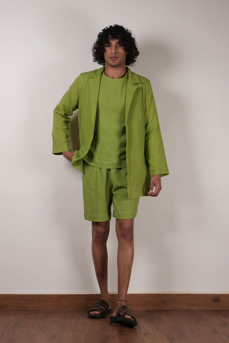 Men's Green Crush T-Shirt, Shorts & Jacket Set (3 PCS) 100% cotton by Mati Men in green color for men in Singapore