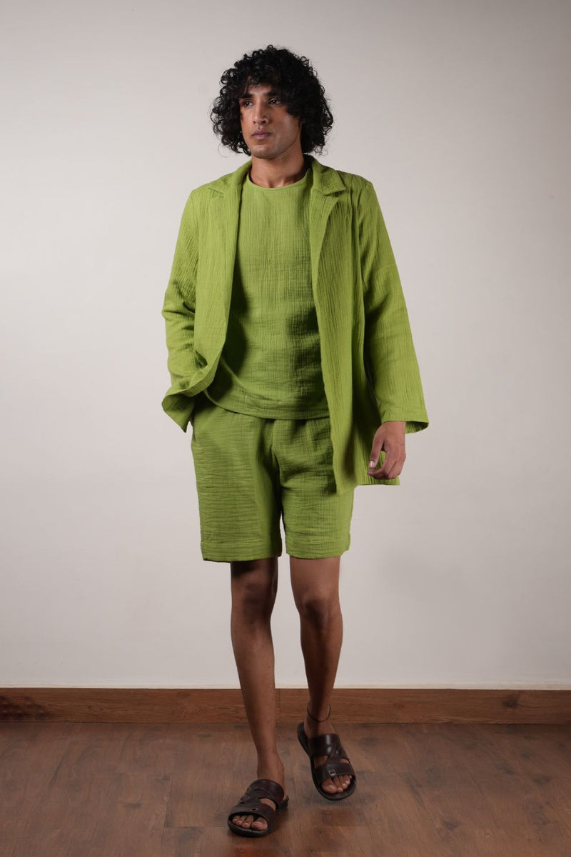 Men's Green Crush T-Shirt, Shorts & Jacket Set (3 PCS) 100% cotton by Mati Men in green color for men in Singapore