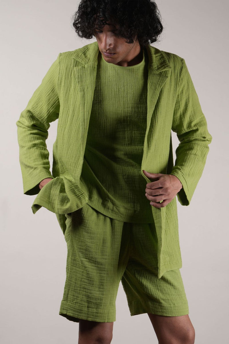 Men's Green Crush T-Shirt, Shorts & Jacket Set (3 PCS) 100% cotton by Mati Men in green color for men in Singapore