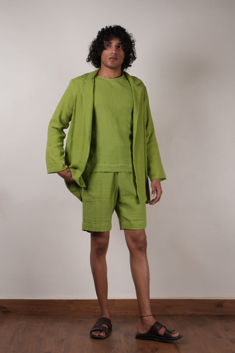 Men's Green Crush T-Shirt, Shorts & Jacket Set (3 PCS) 100% cotton by Mati Men in green color for men in Singapore