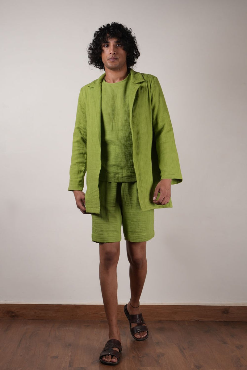 Men's Green Crush T-Shirt, Shorts & Jacket Set (3 PCS) 100% cotton by Mati Men in green color for men in Singapore