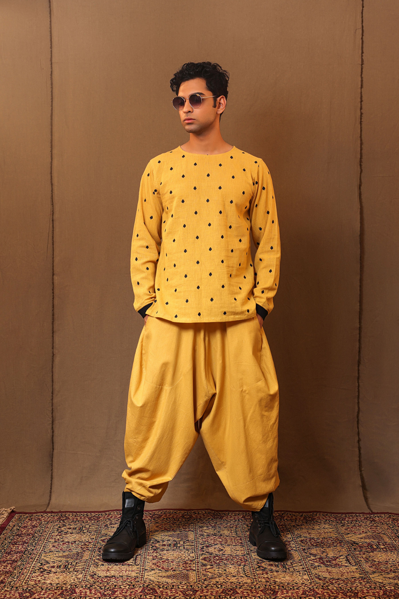Mustard Spade EMB Kurta Baggy Set (2 PCS) cotton by Mati Men in mustard color for men in Singapore