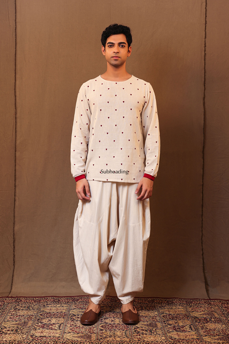 Off-White Heart EMB Kurta Baggy Set (2 PCS) cotton by Mati Men in white color for men in Singapore