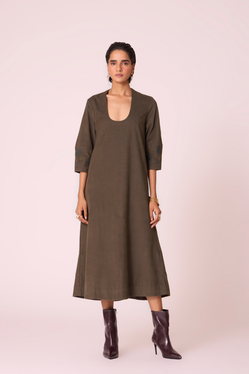 Mir Olive Needlecord Embroidered Dress cotton by The Summer House in olive color for women in Singapore