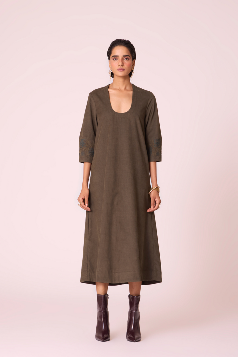 Mir Olive Needlecord Embroidered Dress cotton by The Summer House in olive color for women in Singapore