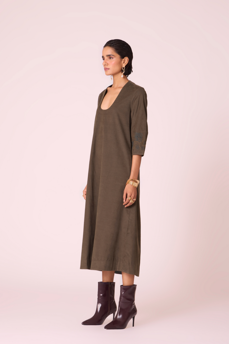 Mir Olive Needlecord Embroidered Dress cotton by The Summer House in olive color for women in Singapore
