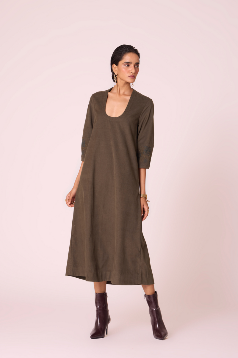 Mir Olive Needlecord Embroidered Dress cotton by The Summer House in olive color for women in Singapore