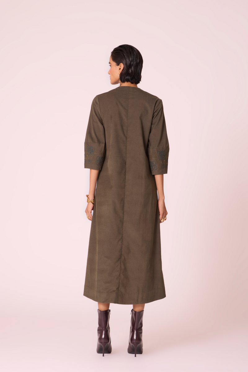 Mir Olive Needlecord Embroidered Dress cotton by The Summer House in olive color for women in Singapore