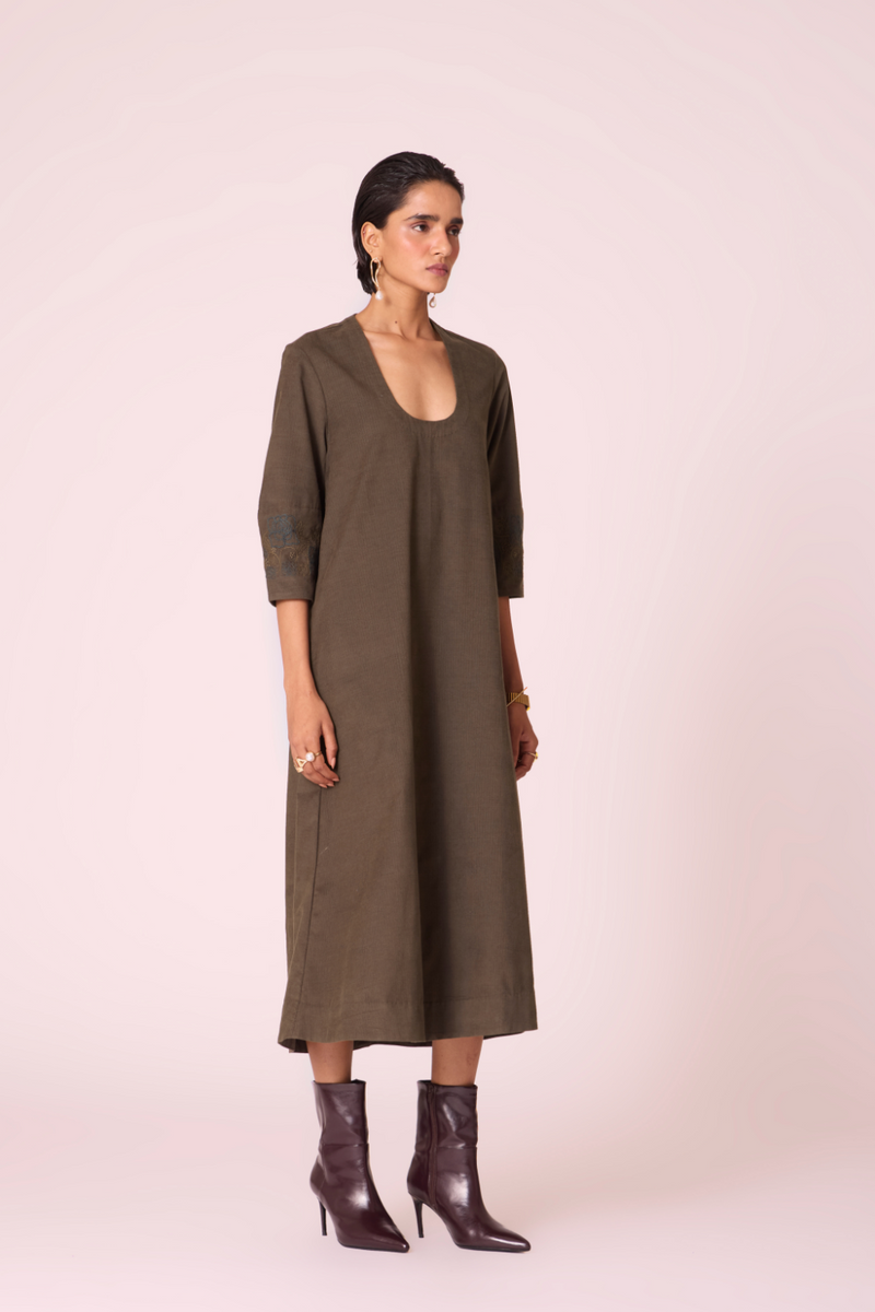 Mir Olive Needlecord Embroidered Dress cotton by The Summer House in olive color for women in Singapore