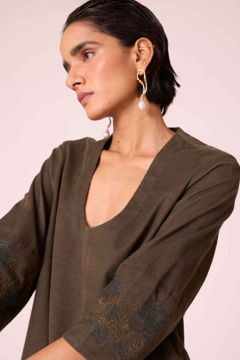 Mir Olive Needlecord Embroidered Dress cotton by The Summer House in olive color for women in Singapore