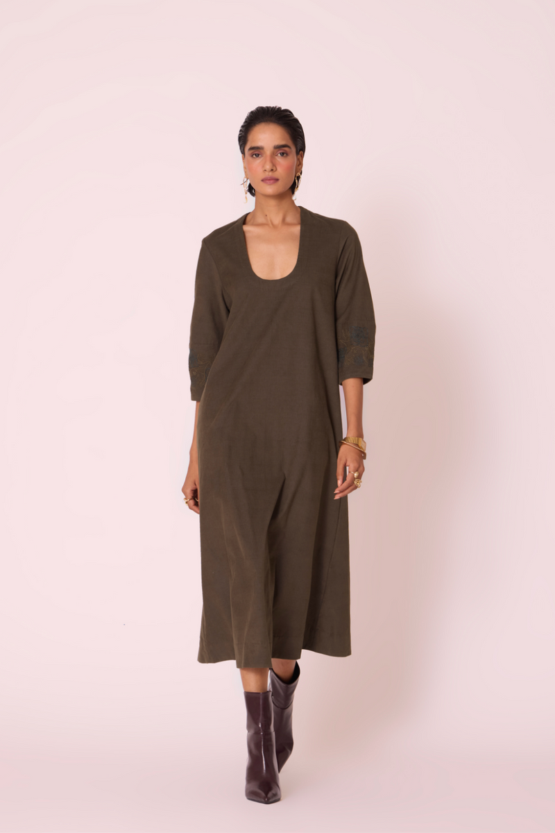 Mir Olive Needlecord Embroidered Dress cotton by The Summer House in olive color for women in Singapore