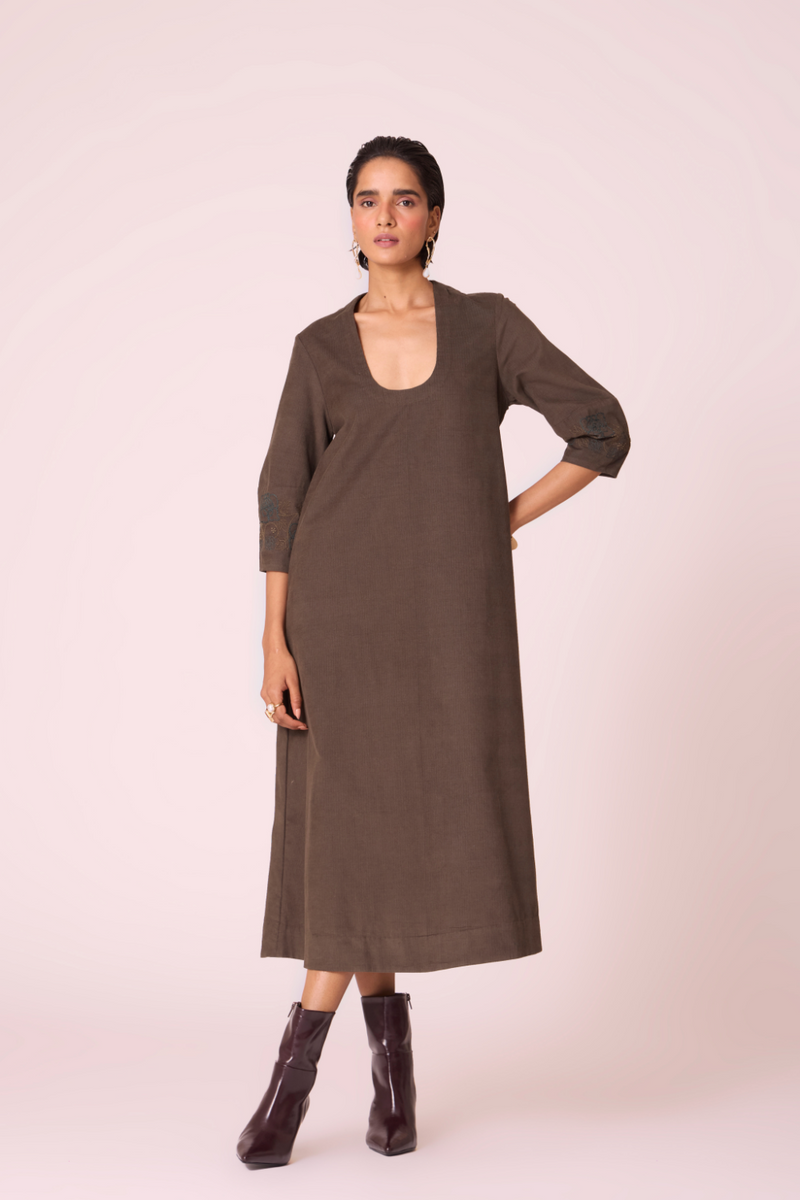 Mir Olive Needlecord Embroidered Dress cotton by The Summer House in olive color for women in Singapore
