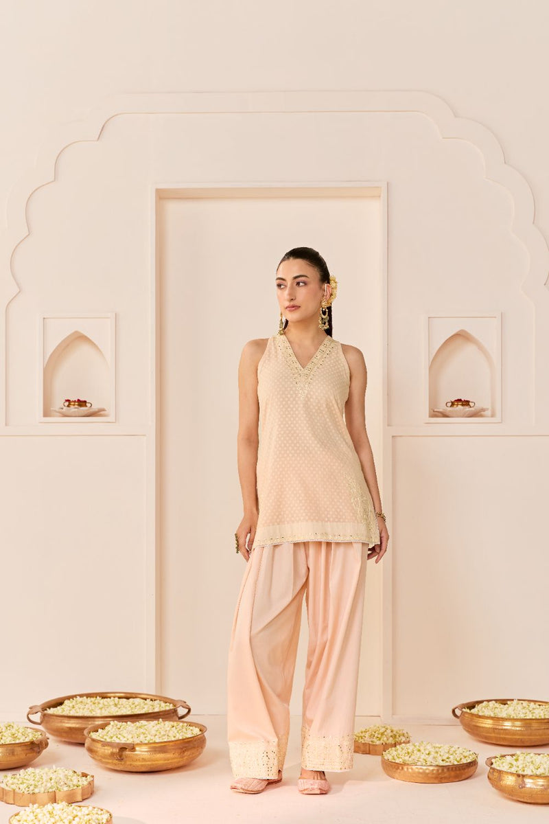 MIRAL - CARNATION PINK SHORT KURTA WITH FARSI SALWAR chanderi silk kurta/kurta set by SHEETAL BATRA in carnation pink for women in Singapore