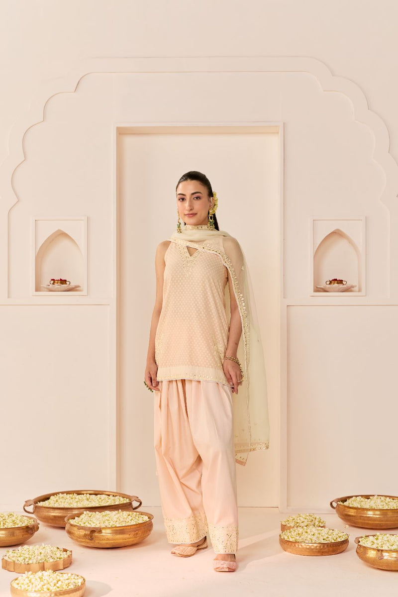 MIRAL - CARNATION PINK SHORT KURTA WITH FARSI SALWAR chanderi silk kurta/kurta set by SHEETAL BATRA in carnation pink for women in Singapore