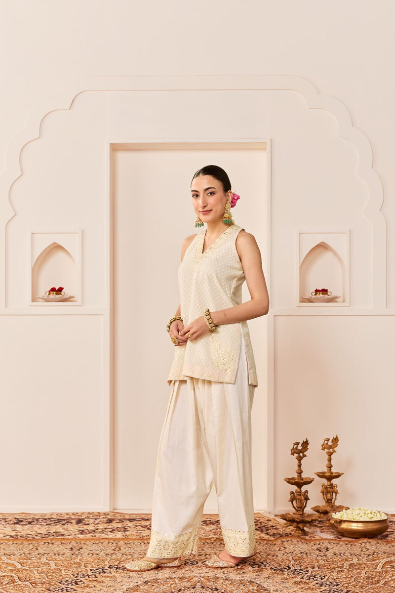 MIRAL - DAISY IVORY SHORT KURTA WITH FARSI SALWAR chanderi silk kurta/kurta set by SHEETAL BATRA in daisy ivory for women in Singapore