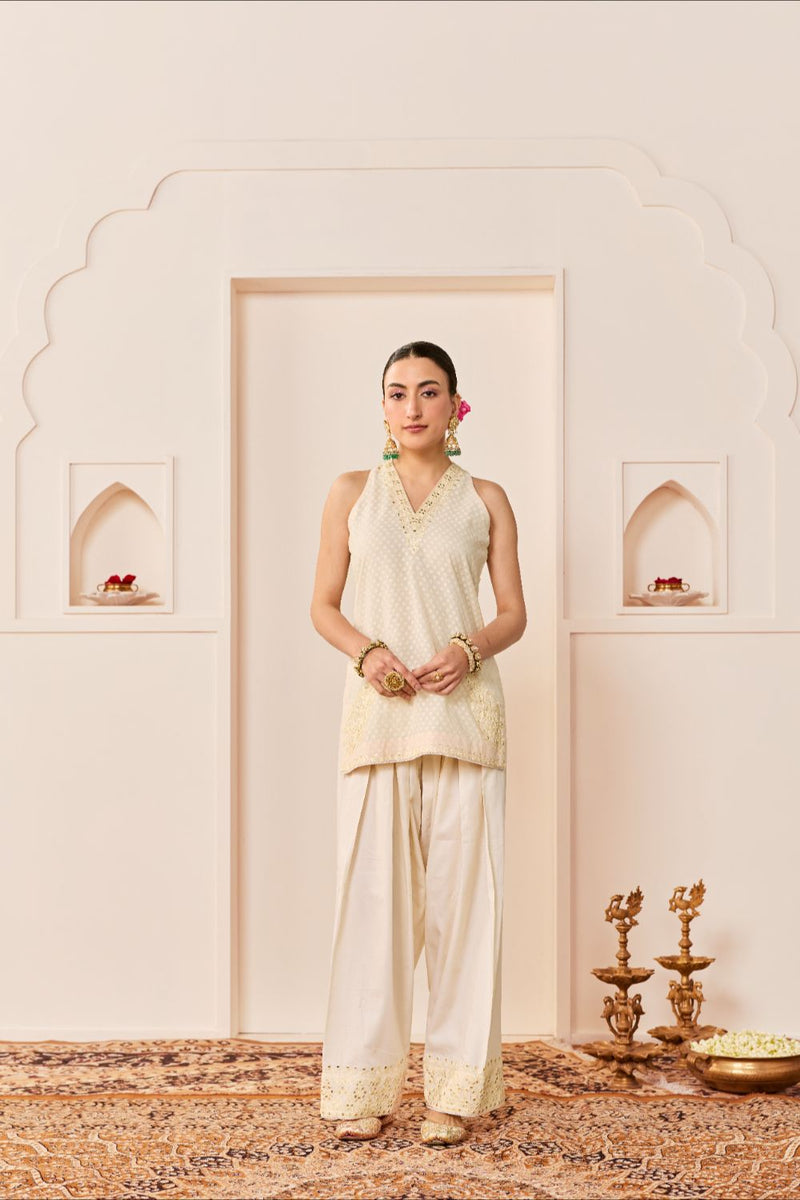 MIRAL - DAISY IVORY SHORT KURTA WITH FARSI SALWAR chanderi silk kurta/kurta set by SHEETAL BATRA in daisy ivory for women in Singapore