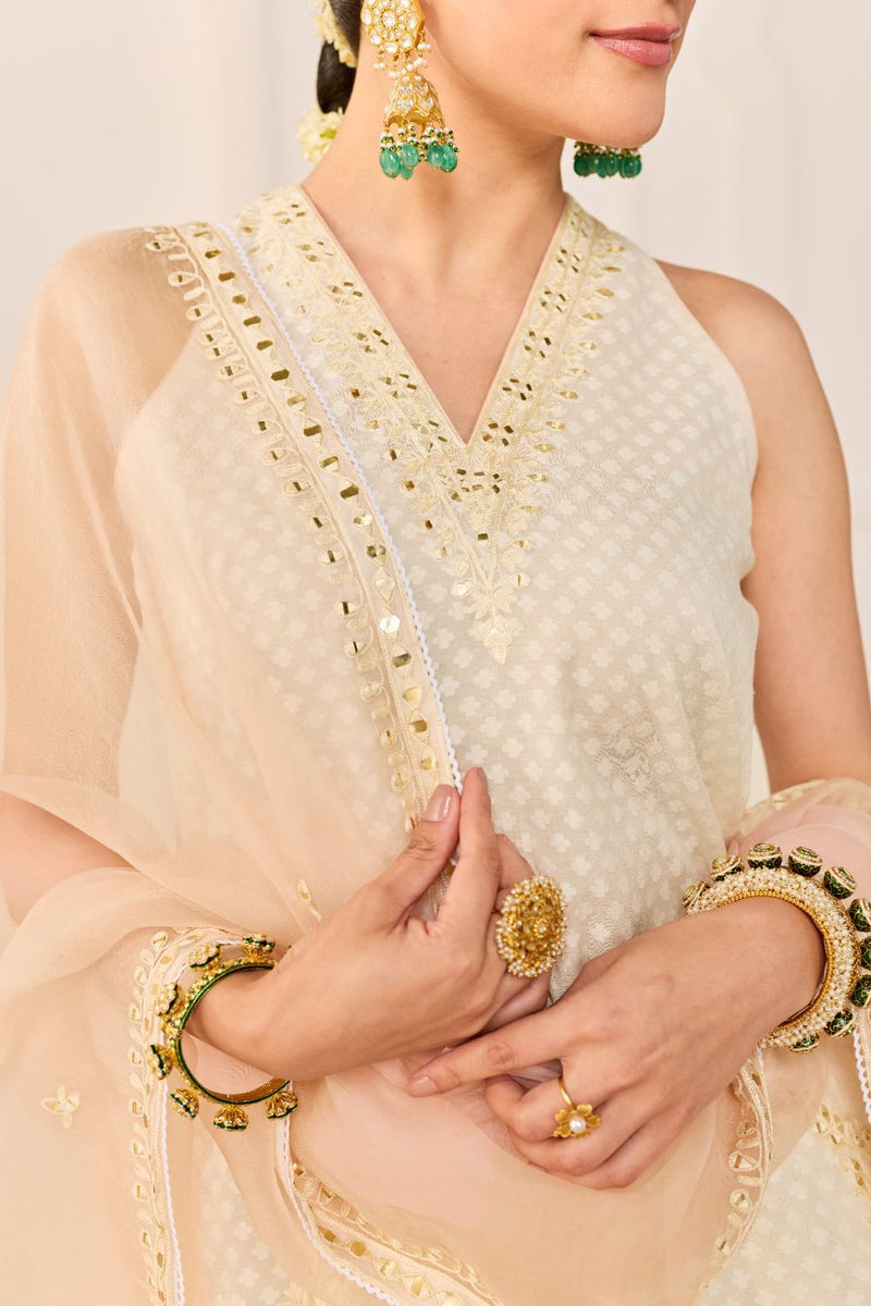 MIRAL - DAISY IVORY SHORT KURTA WITH FARSI SALWAR chanderi silk kurta/kurta set by SHEETAL BATRA in daisy ivory for women in Singapore