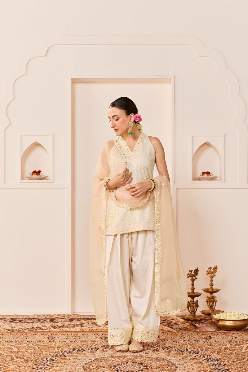 MIRAL - DAISY IVORY SHORT KURTA WITH FARSI SALWAR chanderi silk kurta/kurta set by SHEETAL BATRA in daisy ivory for women in Singapore