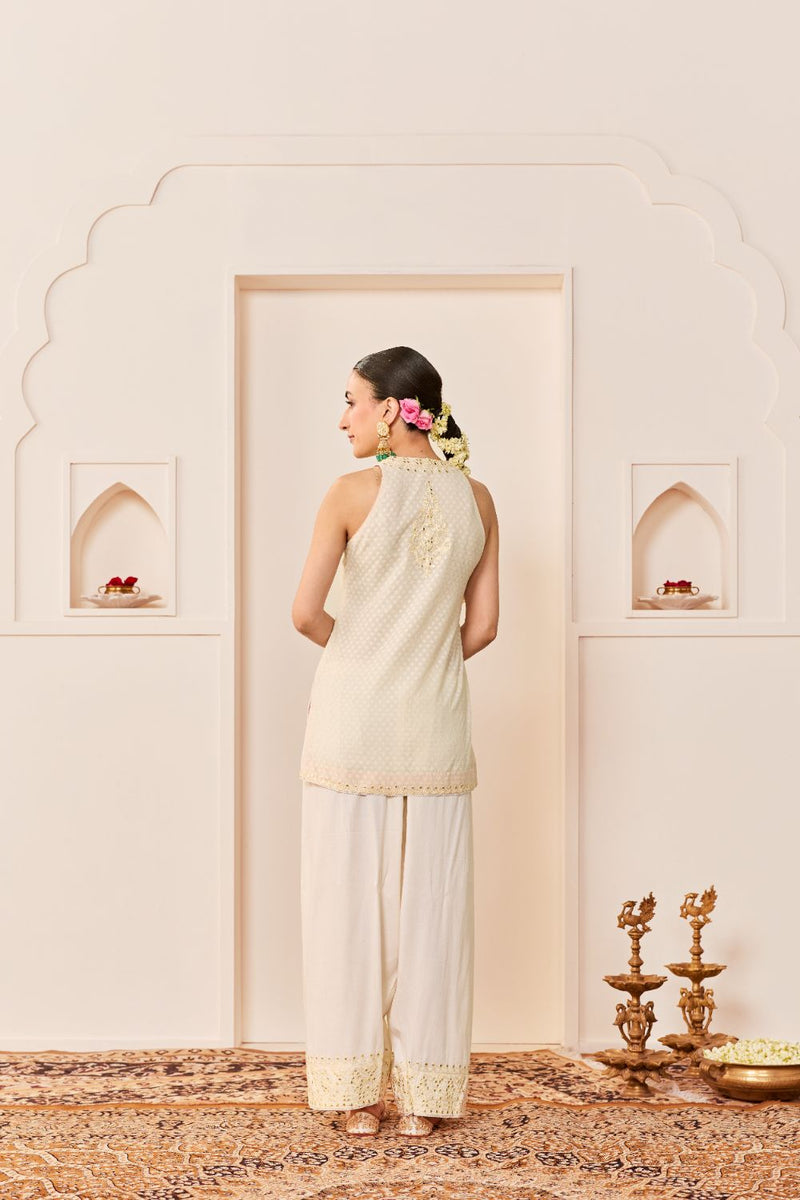 MIRAL - DAISY IVORY SHORT KURTA WITH FARSI SALWAR chanderi silk kurta/kurta set by SHEETAL BATRA in daisy ivory for women in Singapore