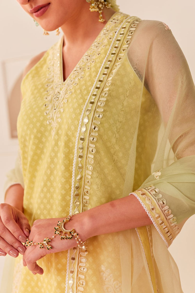 MIRAL - LEMON YELLOW SHORT KURTA WITH FARSI SALWAR chanderi silk kurta/kurta set by SHEETAL BATRA in lemon yellow for women in Singapore