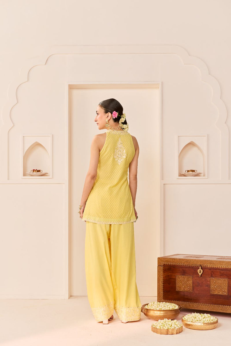 MIRAL - LEMON YELLOW SHORT KURTA WITH FARSI SALWAR chanderi silk kurta/kurta set by SHEETAL BATRA in lemon yellow for women in Singapore