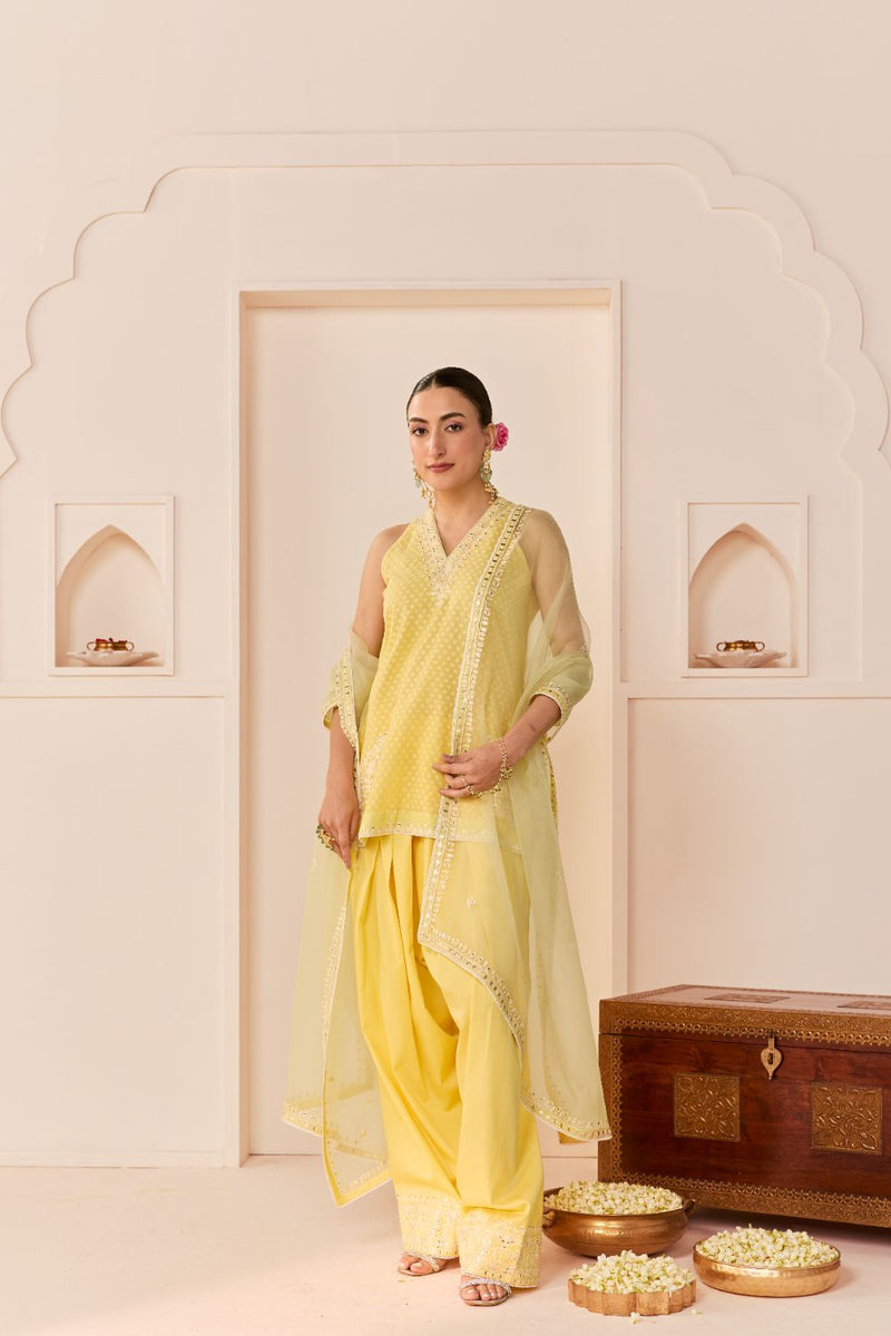 MIRAL - LEMON YELLOW SHORT KURTA WITH FARSI SALWAR chanderi silk kurta/kurta set by SHEETAL BATRA in lemon yellow for women in Singapore