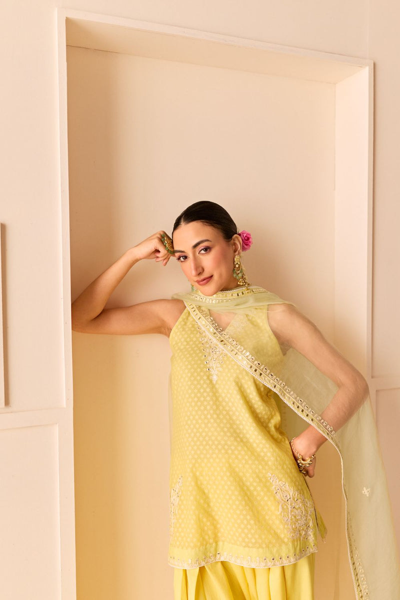 MIRAL - LEMON YELLOW SHORT KURTA WITH FARSI SALWAR chanderi silk kurta/kurta set by SHEETAL BATRA in lemon yellow for women in Singapore