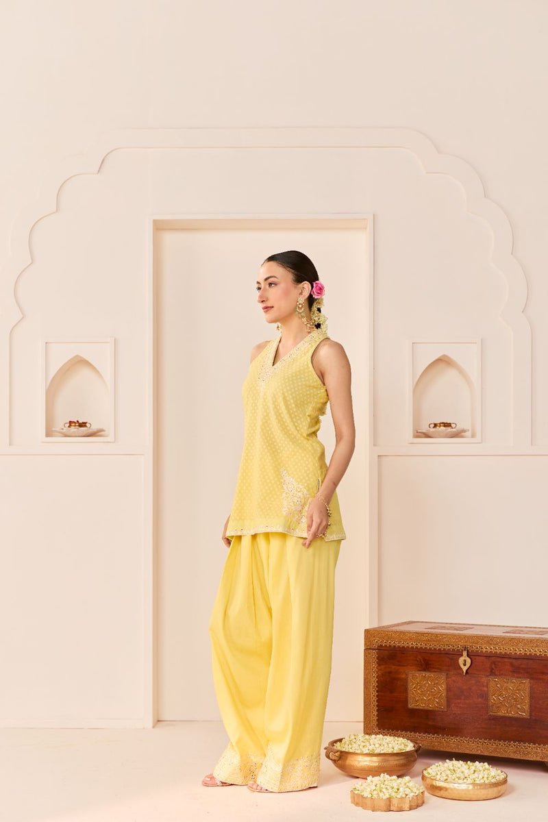 MIRAL - LEMON YELLOW SHORT KURTA WITH FARSI SALWAR chanderi silk kurta/kurta set by SHEETAL BATRA in lemon yellow for women in Singapore