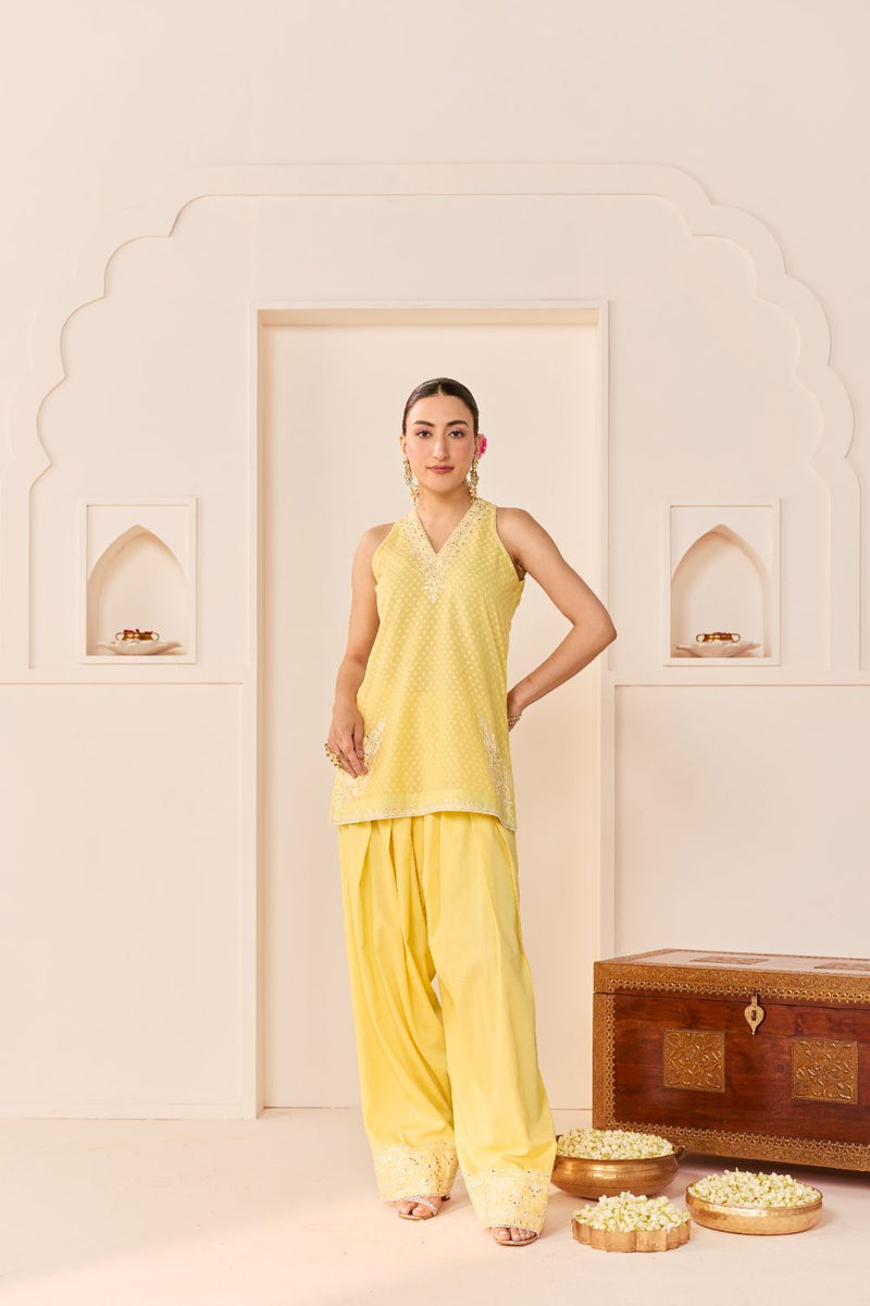 MIRAL - LEMON YELLOW SHORT KURTA WITH FARSI SALWAR chanderi silk kurta/kurta set by SHEETAL BATRA in lemon yellow for women in Singapore