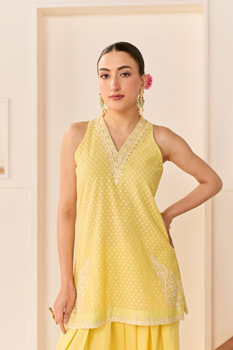 MIRAL - LEMON YELLOW SHORT KURTA WITH FARSI SALWAR chanderi silk kurta/kurta set by SHEETAL BATRA in lemon yellow for women in Singapore