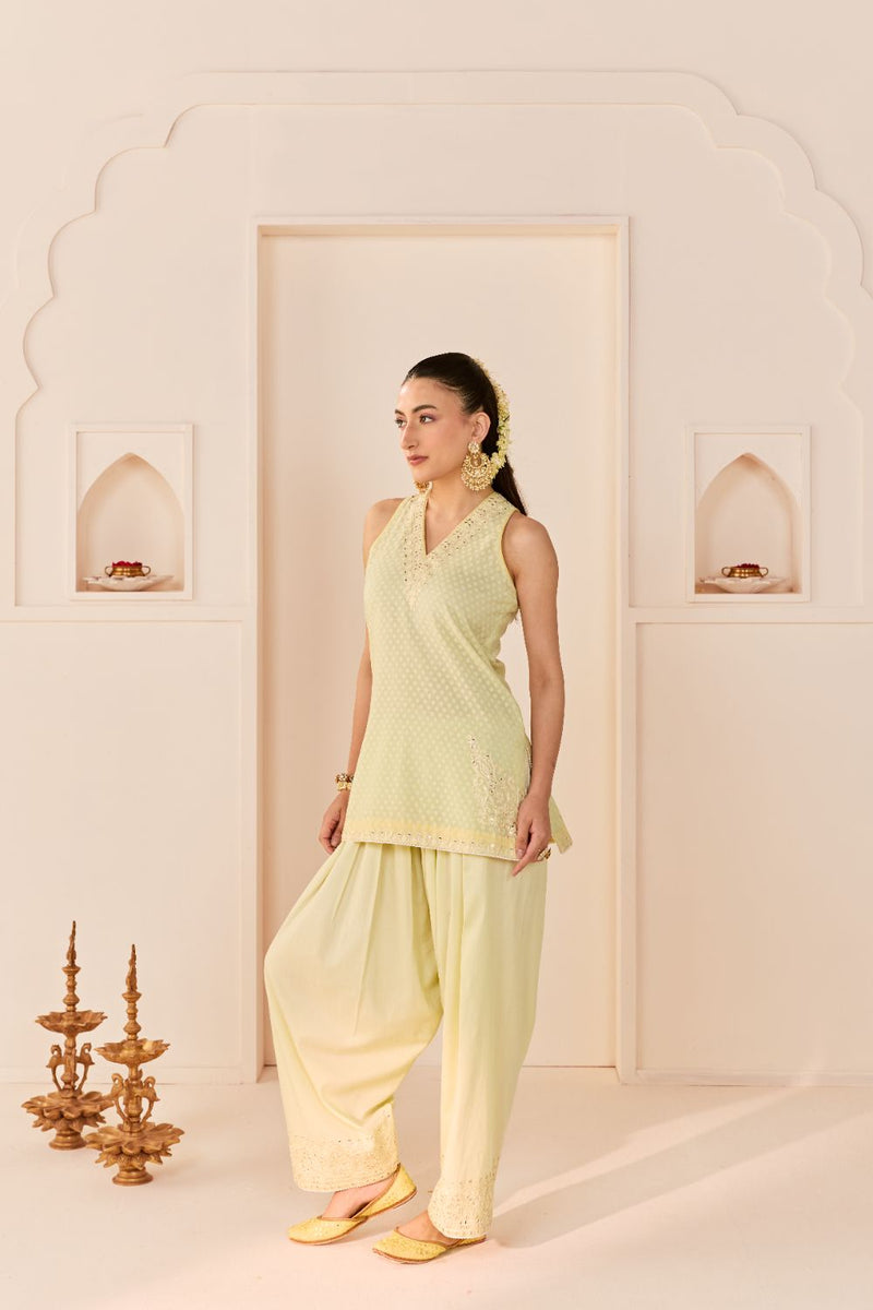 MIRAL - MINT GREEN SHORT KURTA WITH FARSI SALWAR chanderi silk kurta/kurta set by SHEETAL BATRA in mint green with lemon yellow for women in Singapore