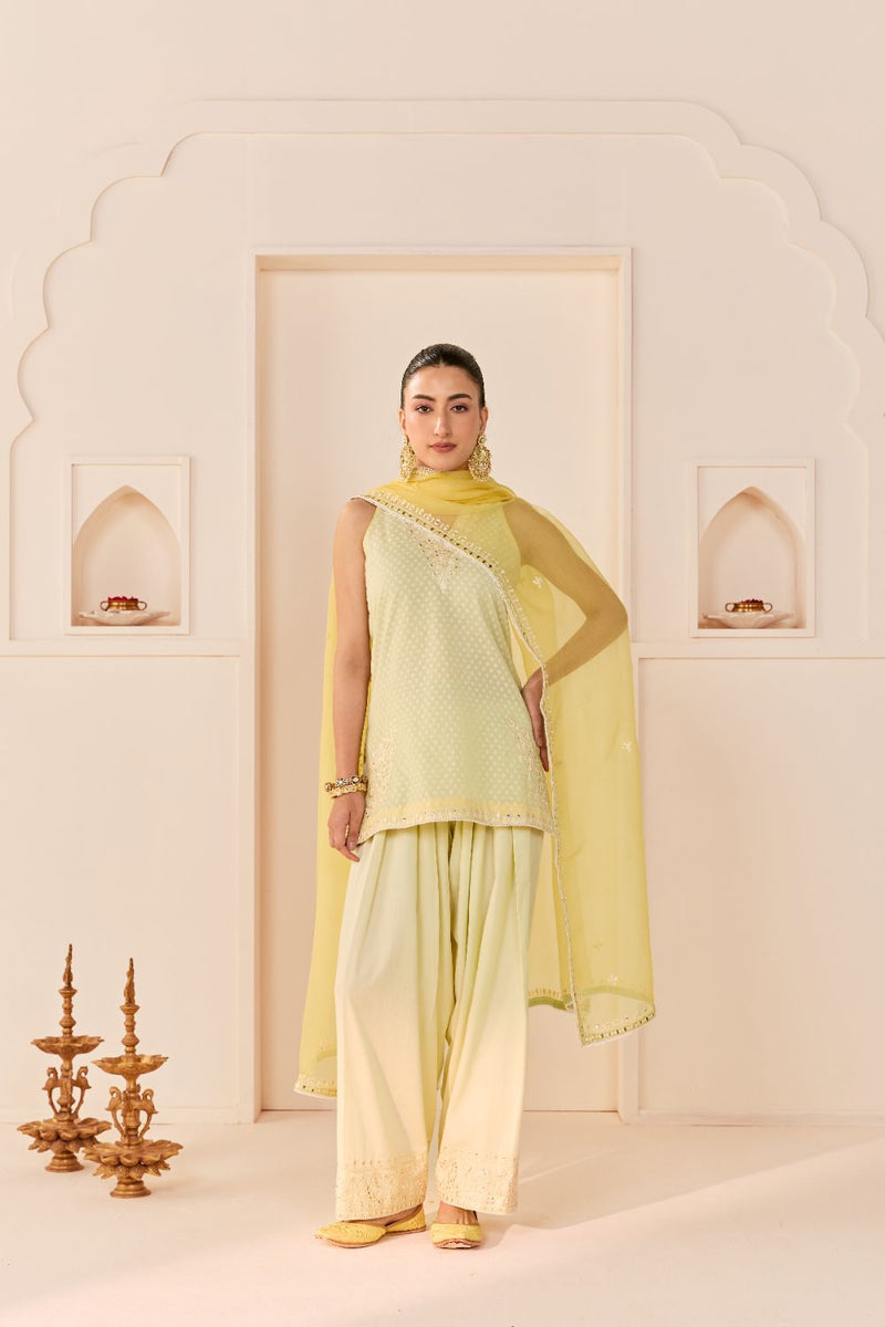 MIRAL - MINT GREEN SHORT KURTA WITH FARSI SALWAR chanderi silk kurta/kurta set by SHEETAL BATRA in mint green with lemon yellow for women in Singapore