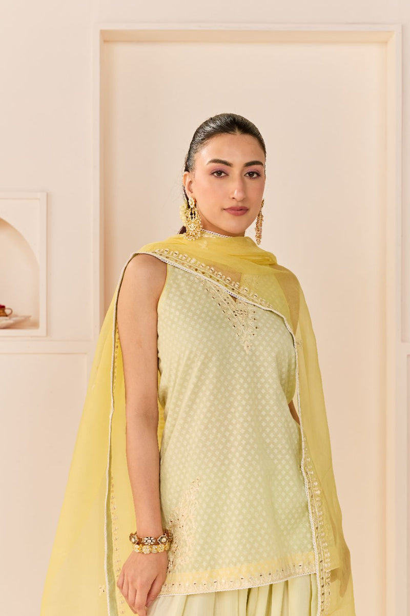 MIRAL - MINT GREEN SHORT KURTA WITH FARSI SALWAR chanderi silk kurta/kurta set by SHEETAL BATRA in mint green with lemon yellow for women in Singapore
