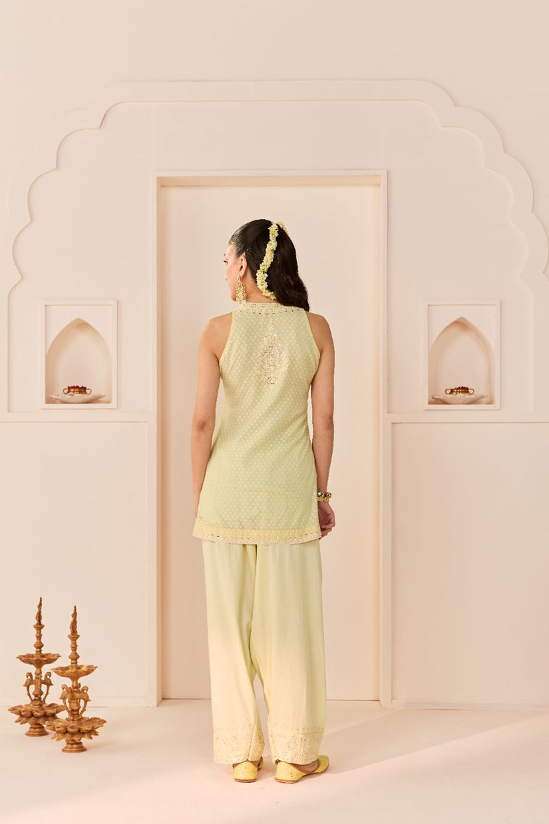 MIRAL - MINT GREEN SHORT KURTA WITH FARSI SALWAR chanderi silk kurta/kurta set by SHEETAL BATRA in mint green with lemon yellow for women in Singapore