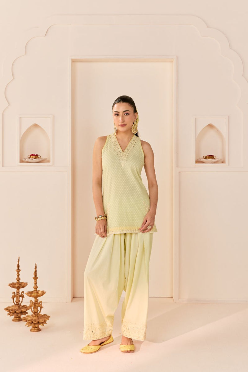 MIRAL - MINT GREEN SHORT KURTA WITH FARSI SALWAR chanderi silk kurta/kurta set by SHEETAL BATRA in mint green with lemon yellow for women in Singapore