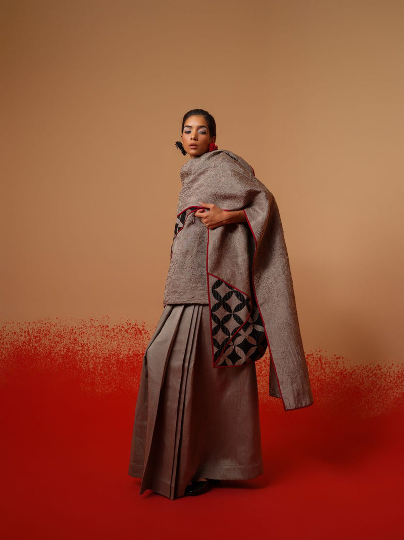 Mist Scarf-Grey + Black + Red mysore silk scarf by Stoique in grey, black, red for women in Singapore