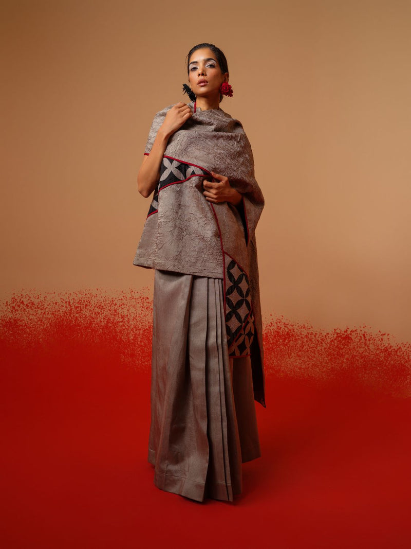 Mist Scarf-Grey + Black + Red mysore silk scarf by Stoique in grey, black, red for women in Singapore