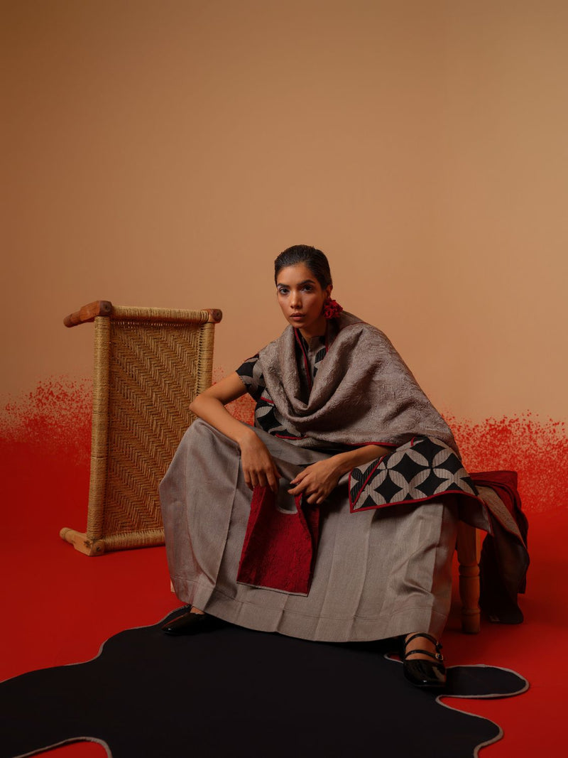 Mist Scarf-Grey + Black + Red mysore silk scarf by Stoique in grey, black, red for women in Singapore