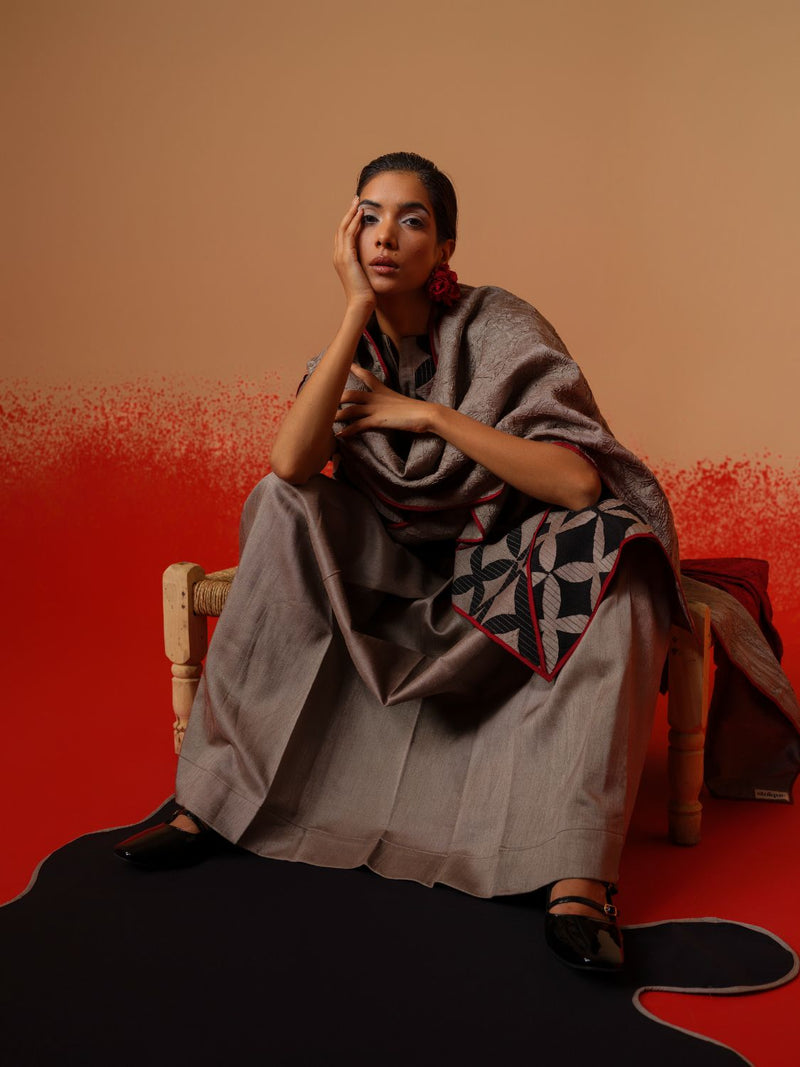 Mist Scarf-Grey + Black + Red mysore silk scarf by Stoique in grey, black, red for women in Singapore