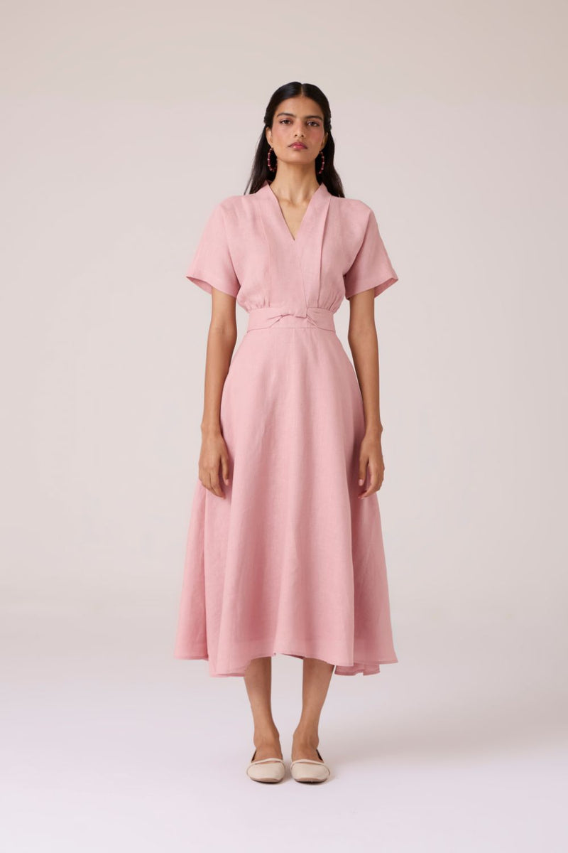 Miyake Rose Linen Dress linen by The Summer House in pink color for women in Singapore