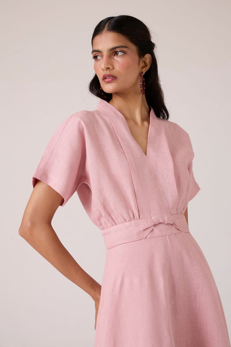 Miyake Rose Linen Dress linen by The Summer House in pink color for women in Singapore