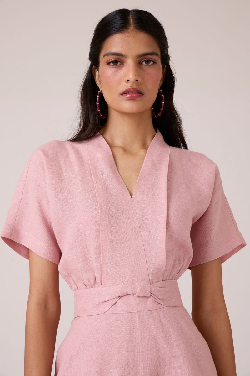 Miyake Rose Linen Dress linen by The Summer House in pink color for women in Singapore
