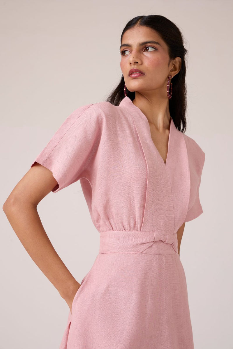 Miyake Rose Linen Dress linen by The Summer House in pink color for women in Singapore