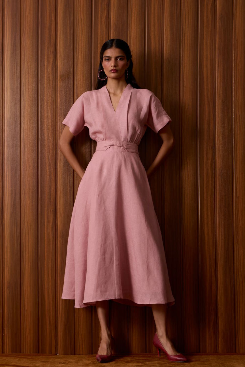 Miyake Rose Linen Dress linen by The Summer House in pink color for women in Singapore